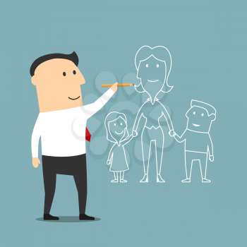 Cartoon businessman is visualizes a dream about happy family and drawing a woman with two kids. Use as motivation, future planning and love theme design