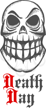 Smirking Halloween monster sketch icon of eerie skull with raised eyebrow and large teeth. May be use as t-shirt print or Halloween party decoration design