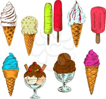 Soft serve ice cream cones with vanilla, and strawberry, mint and pistachio flavors, berry and kiwi fruit popsicles and chocolate sundae desserts sketch icons topped with berries and nuts, fruity and 