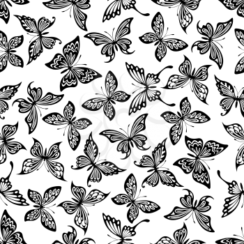Decorative flying butterflies seamless pattern with openwork black silhouettes of monarch and swallowtail butterflies randomly scattered over white background. Nature theme or scrapbook page backdrop 