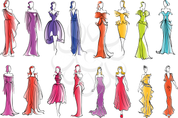 Fashionably dressed women sketch silhouettes for fashion industry or clothes design. Fashion models presenting colorful sleeveless cocktail dresses and long silk evening gowns, adorned by ruffles and 