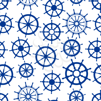 Retro marine helms background for nautical theme or scrapbook page backdrop design with blue seamless pattern of boats wheels with decorative wooden spokes and handles