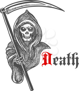 Spooky death skeleton in hooded cape cloak with scythe. Sketched grim reaper character for Halloween decoration or tattoo design
