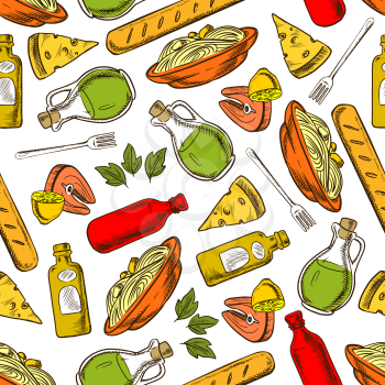 Seamless italian food background with seamless pattern of pasta seasoned with basil leaves and salmon steaks with fresh lemon, bottles of olive oil and red wine, cheese and loaves of ciabatta. Mediter
