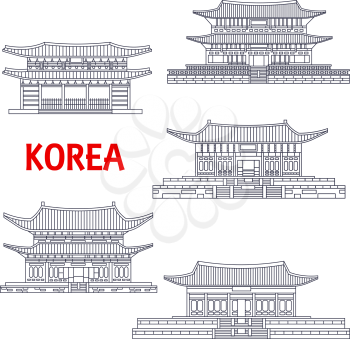Korean five grand palaces of Joseon Dynasty thin line icons for travel or asian architecture theme design with Changdeok, Changgyeong, Deoksugung, Gyeongbokgung and Gyeonghuigung Palaces 