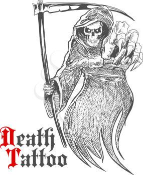 Sketch cartoon dreadful grim reaper in old hooded cloak with scythe pointing at viewer. Death or skeleton monster character for t-shirt print or tattoo design usage