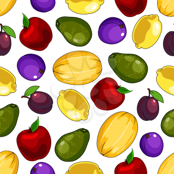 Seamless fresh fruits pattern over white background for kitchen interior or organic farming design with yellow lemons and cantaloupes, blue and purple plums, red apples and green avocados