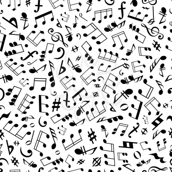Black and white seamless musical symbols and marks background pattern with musical notes, chords and rests of different durations, treble and bass clefs, flat and sharp accidentals, coda and forte sig