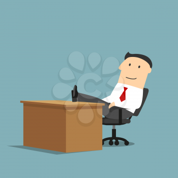 Relaxed smiling cartoon businessman is resting at workplace with feet on the table. Coffee break, relaxation themes design usage