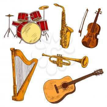String, brass and percussion musical instruments symbols with sketches of red concert drum set and harp, shining saxophone and trumpet, acoustic guitar and violin. Music entertainment and art theme de