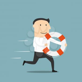 Business help, support, crisis survival, investment concept design. Cartoon businessman or investor with lifebuoy in hands running for help