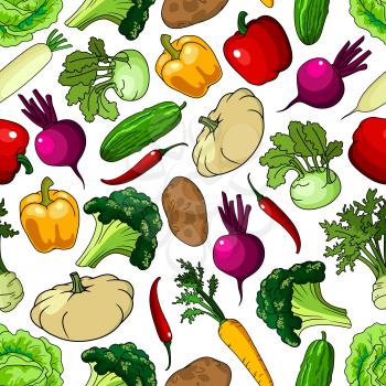 Bright background with seamless pattern of fresh picked broccoli and cabbages, cucumbers and potatoes, chili and bell peppers, beetroots and carrots, kohlrabies and daikon, squashes and celery vegetab