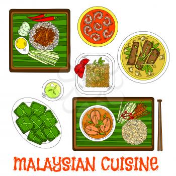 National malaysian rice dish nasi lemak sketch icon served on banana leaf with lamb stew and vegetables, pork bone soup and fish curry with fried rice, shrimp sambal udang and rice cakes steamed in ba