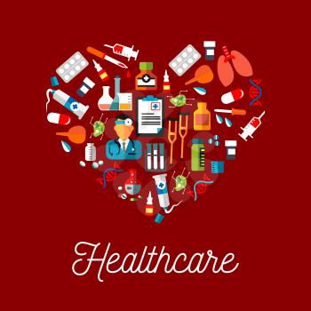 Healthy heart with healthcare symbols flat icon including doctor and monitoring results, medicine bottles with pills, drops and syrup, syringes and droppers, lungs and DNA, test tubes and laboratory f