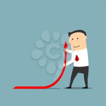 Confident smiling cartoon businessman raising up red arrow of financial graph to increase business profits. Financial report, commercial development and success themes design usage