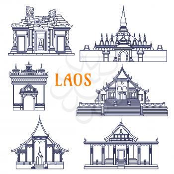 Popular laotian monument and buddhist golden stupa, wats and ancient khmer temple icon with gate of Triumph Patuxai and Pha That Luang, Wat Si Saket and Wat Phou, Wat Xieng Thong and Wat Sen Souk Hara
