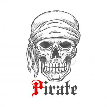 Creepy pirate sailor skull wearing bandana sketch icon with frightful leftovers of flesh on cheeks and under eyes. Great for marine adventure theme or piracy mascot design usage