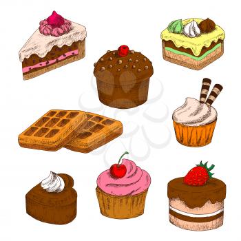 Awesome chocolate cakes and cupcakes, topped with buttercream frosting with fresh strawberry and cherry fruits, wafer tubes and meringue decorations, sugar belgian waffles colored sketch icons