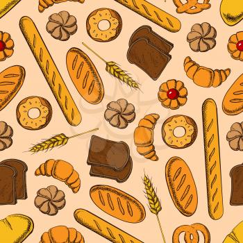 Seamless healthy rye bread slices and long loaves of multigrain bread, glazed donuts and buns, croissants, baguettes and butter cookies with fruity jam pattern on beige background with wheat ears