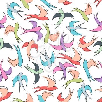 Seamless background of flying swallows for nature theme or scrapbook page backdrop design usage with pattern of flock of colorful birds with long slender tails