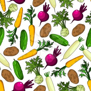 Healthy fresh crunchy carrots and cucumbers, organic ripe potatoes and beetroots, juicy celery with green leaves and daikons vegetables seamless pattern on white background