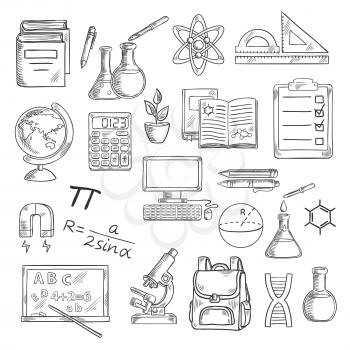 School supplies sketch symbols for back to school concept design with desktop computer and books, calculator and globe, backpack and microscope, blackboard and laboratory flasks, DNA and atom, formula