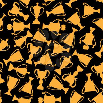 Golden champion cups and trophies pattern. Seamless ornament of two handled gold winner bowls on black background. Use as celebration and victory theme design