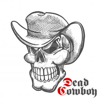 Dead cowboy sketch symbol with baring teeth old human skull in felt hat. Great for tattoo, t-shirt print or halloween mascot design usage