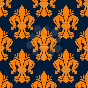 Bright orange victorian fleur-de-lis pattern with seamless motif of leaf scrolls compositions decorated by flourishes on dark blue background. Use as vintage fabric print or interior accessories desig