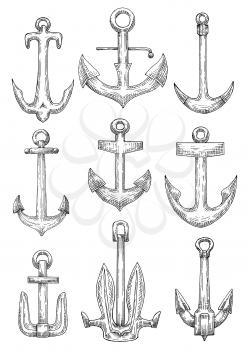 Naval anchorage devices isolated sketch icons of fisherman anchors with tiny flukes, admiralty anchors with curved arms and navy stockless anchors with raised broad flukes