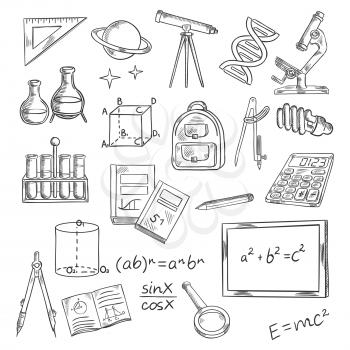 Education and knowledge themed sketch symbols of blackboard with formulas, books and notebooks, pen and ruler, calculator, microscope and telescope, laboratory tubes and flasks, DNA and planet with st