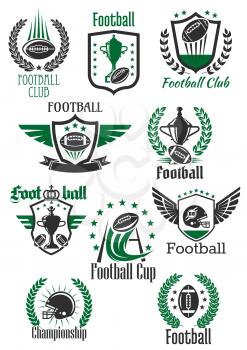 American football balls and helmets, champion trophy cups and gate symbols for sporting club, team and championship design framed by winged and crowned shields, heraldic wreaths and ribbon banners wit
