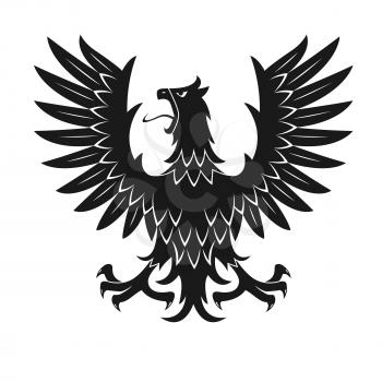 Black heraldic bird symbol for medieval stylized coat of arms or tattoo design usage with silhouette of screaming eagle in aggressive posture with raised wings
