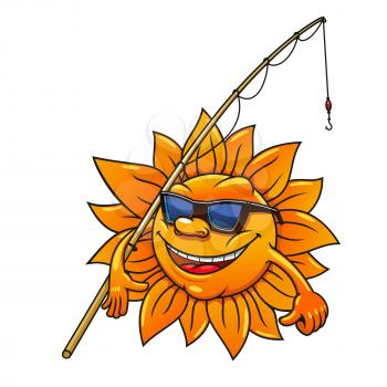 Happy smiling cartoon sun character in sunglasses going to fishing with bamboo fishing rod. Great for leisure activity symbol or summer season mascot design usage