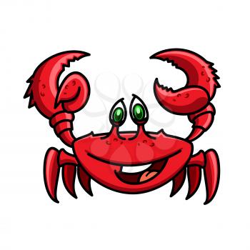 Smiling cartoon ocean red crab is running with raised claws. Childish stylized marine crustacean animal character for wildlife theme or book hero design