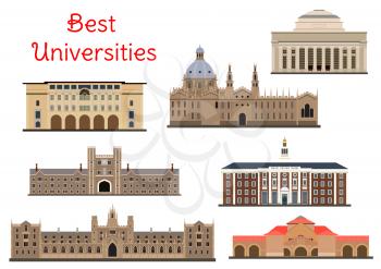 National universities buildings icons for education and architecture design usage with flat symbols of Oxford, Harvard and Cambridge, Princeton, Yale and Stanford Universities and California Institute