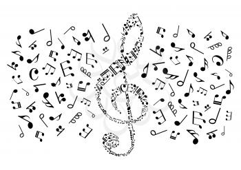 Decorative music symbol of treble clef compounded of musical notes and rests of different durations, bass clefs and various marks of musical notation. May be use as music themed t-shirt print or enter