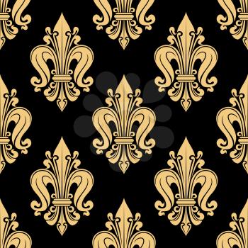 French heraldic seamless floral pattern of yellow fleur-de-lis motif on black background with royal lilies bunches tied by decorative swirling bands. Use as vintage interior accessories or upholstery 