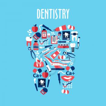 Healthy tooth made up of dentistry and oral hygiene flat symbols with toothbrushes and toothpastes, carious teeth, braces and implants, dentist instruments and equipments, dental floss and mouthwashes