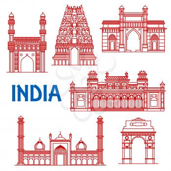 Popular indian architecture landmarks icon with red thin line symbols of India Gate and Meenakshi temple, Gateway of India and Jama Masjid mosque, Charminar and Chowmahalla palace