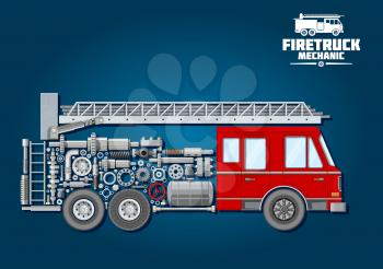 Fire truck mechanics symbol of fire engine with red cabin, telescopic turntable ladder on the roof and car body composed of wheels, fuel tank and suspension system, crankshaft and bearings, axle, abso