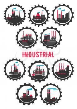 Industrial plants flat symbols framed by gear wheels with chemical, mechanical, manufacturing and petrochemical plants infrastructure elements. Heavy industry symbol, ecology and industrial tourism de