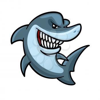 Cartoon hungry shark is jumping out the water for hunting. Funny carnivorous marine animal character for underwater wildlife mascot or t-shirt print design usage