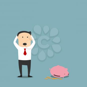 Frustrated cartoon bankrupt businessman is standing with empty piggy bank and clutching head in shock. Bankruptcy, poverty and insolvency concept design usage