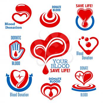 Bright red hearts icons with drops of blood, heartbeat graphs and open palm, supplemented by ribbon banners and captions Blood Donation. Use as medical charity, blood donor or healthcare themes design