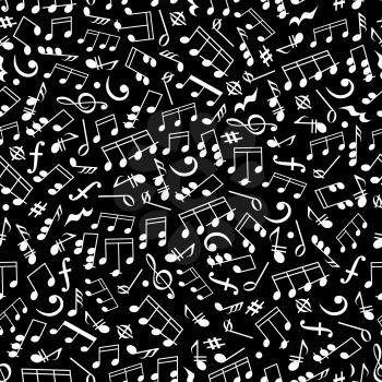 Seamless white silhouettes of musical notes and symbols pattern over black background with various of notes and rests, bass and treble clefs. Music and arts concept design 