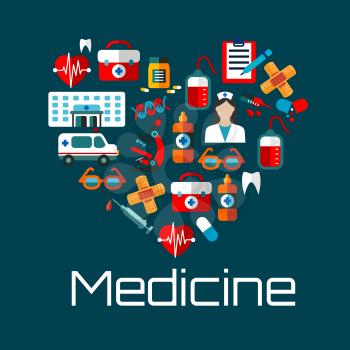 Healthy heart symbol for health care concept or medical services design with flat icons of doctor, hospital and ambulance, blood bags, hearts, pills, teeth and DNA, syringes, first aid kits and micros