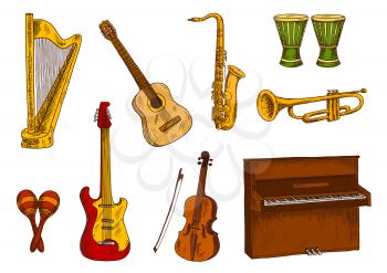 Retro colored sketches of saxophone and trumpet, acoustic and electric guitars, violin, piano and harp, african conga drums and mexican maracas. Ethnic and classic musical instruments for music concer