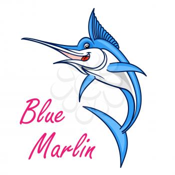 Atlantic blue marlin cartoon symbol of game fish with long, lethal spear shaped upper jaw. Sporting fishing emblem or oriental seafood design usage
