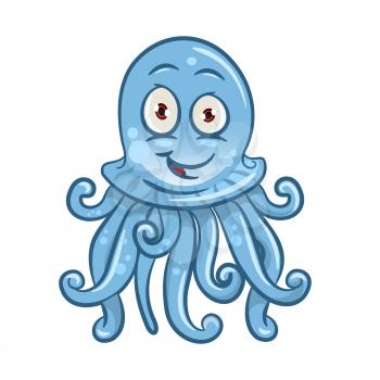 Cute cartoon jellyfish character with blue transparent body and smiling face. May be use as zoo aquarium symbol or underwater wildlife hero design